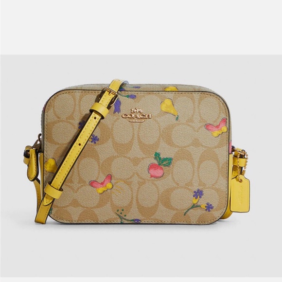 Coach Handbags - Coach Mini Camera Bag in Signature Canvas w/ Dreamy Veggie Print and Yellow Trim